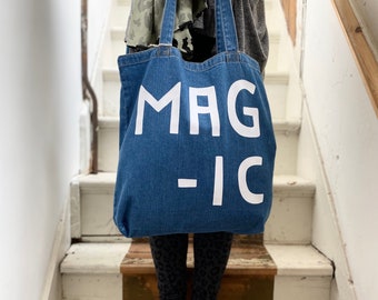 Denim Word Tote Bag | Magic | Rebel | Hippy | Giddy