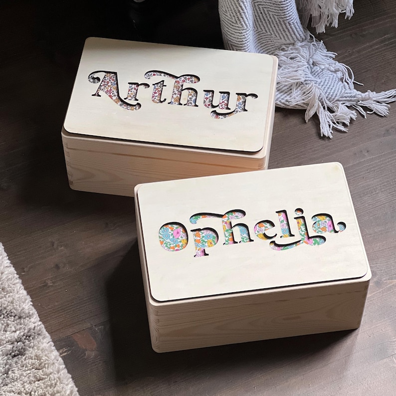 Wooden Name Fabric Keepsake Box | Laser Cut Peekaboo Wooden Box | New Baby Gift Or Christening Gift Or Christmas Eve Box | Int Shipping image 3