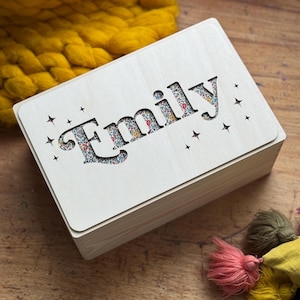 Wooden Name Fabric Keepsake Box | Laser Cut Peekaboo Wooden Box | New Baby Gift Or Christening Gift Or Christmas Eve Box | Int Shipping star & dainty ditsy