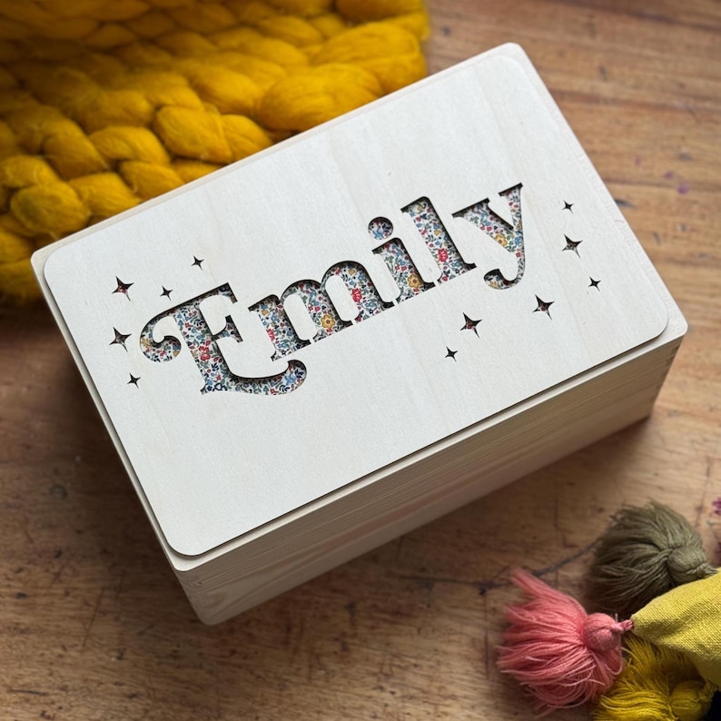 Wooden Name Fabric Keepsake Box | Laser Cut Peekaboo Wooden Box | New Baby Gift Or Christening Gift Or Christmas Eve Box | Int Shipping star & dainty ditsy