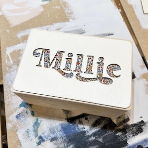 Wooden Name Fabric Keepsake Box | Laser Cut Peekaboo Wooden Box | New Baby Gift Or Christening Gift Or Christmas Eve Box | Int Shipping plain neutral ditsy