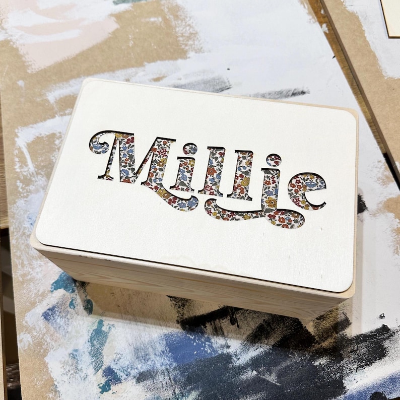 Wooden Name Fabric Keepsake Box | Laser Cut Peekaboo Wooden Box | New Baby Gift Or Christening Gift Or Christmas Eve Box | Int Shipping plain neutral ditsy