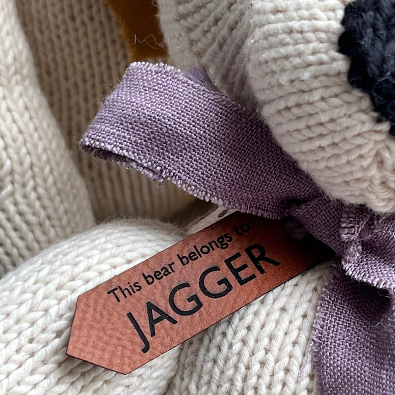 Beautiful hand Knitted Bear with Personalised Faux Leather Tag image 2