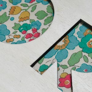 K&ouml;nnte beinhalten: Nahaufnahme eines wei&szlig;en Holzrahmens mit ausgeschnittenen Formen, gef&uuml;llt mit floralem Stoff. Der Stoff weist ein Muster aus blauen, gr&uuml;nen, gelben und rosa Blumen auf cremefarbenem Hintergrund auf. Der Rahmen hat einen schwarzen Rand um die ausgeschnittenen Formen.