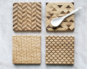 Geometric Coaster | Beautiful Solid Oak | New Home Gift | Anniversary Present | Laser Machined | Engraved Oak