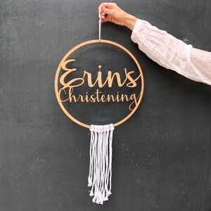 Personalised Christening Boho Hoop Wooden Wall hanging Naming Hanging Christening Decor Name Hoop Macrame Cord image 2