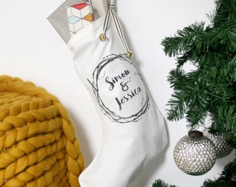 Couples Christmas Stocking - mr and mrs stocking - wreath name stocking - white name stocking