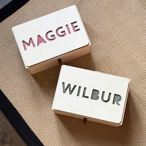 K&ouml;nnte beinhalten: Zwei Holzkisten mit ausgeschnittenen Namen, "MAGGIE" und "WILBUR", werden gezeigt. Die Namen sind durch die ausgeschnittenen Buchstaben sichtbar. Die Innenseite der "MAGGIE"-Box ist rosa und die "WILBUR"-Box ist gr&uuml;n. Die Boxen stehen auf einer beigefarbenen Fischgr&auml;tmuster-Oberfl&auml;che.
