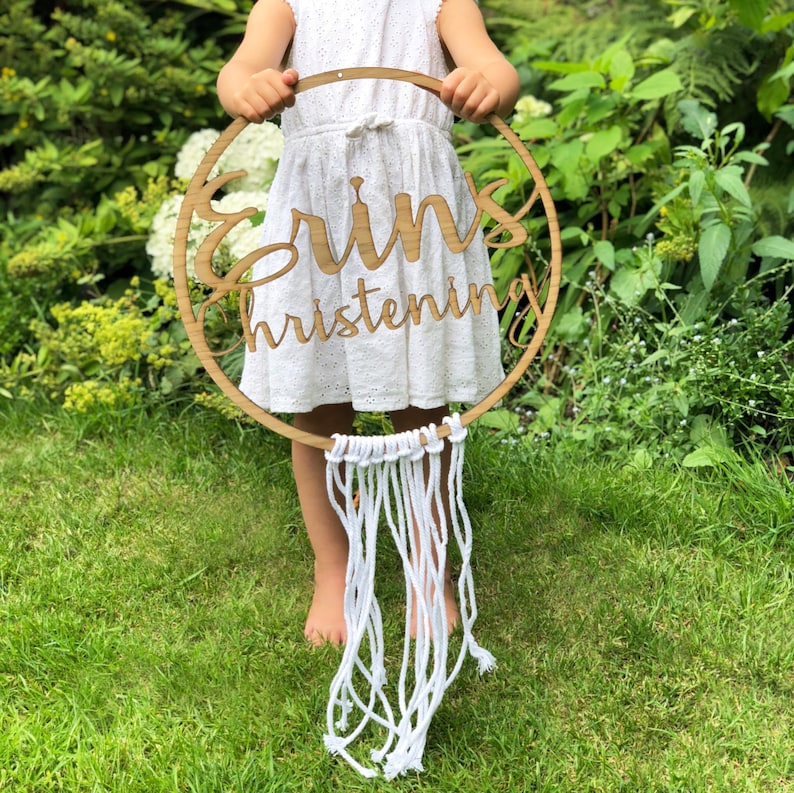 Personalised Christening Boho Hoop Wooden Wall hanging Naming Hanging Christening Decor Name Hoop Macrame Cord image 1