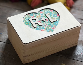 Wooden Heart and Initial Fabric Keepsake Box | Laser Cut Wooden Box | Engagement Gift Or Couple Gift Or Wedding Box | Int Shipping