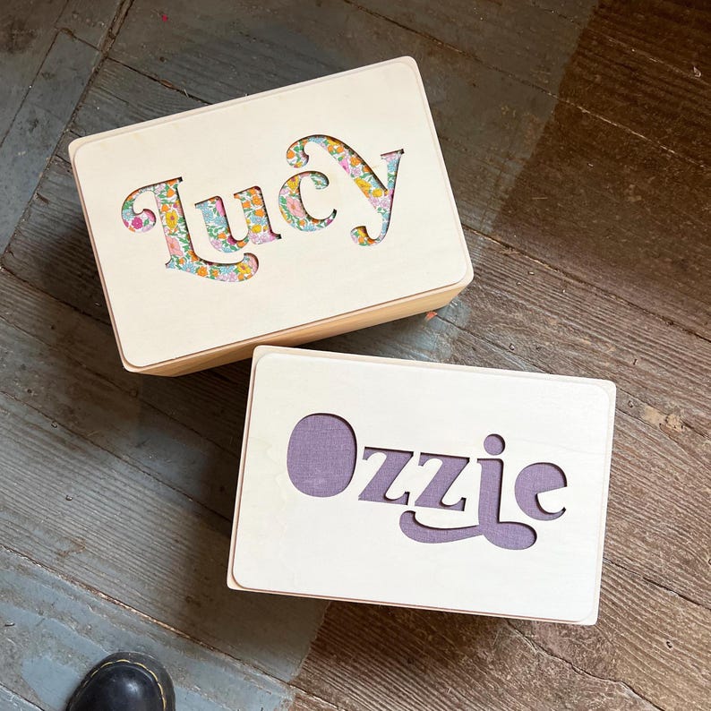 Wooden Name Fabric Keepsake Box | Laser Cut Peekaboo Wooden Box | New Baby Gift Or Christening Gift Or Christmas Eve Box | Int Shipping image 11