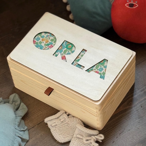 Name Wood Fabric Keepsake Box | Laser Cut Peekaboo Wooden Box | New Baby Gift Or Christening Gift Or Christmas Eve Box | Int Shipping