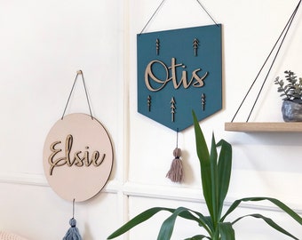 Personalised Wooden Name Sign With Wool Tassel | New Baby or Christening Gift | Nursery Decor | Hand Painted | Stars Raindrop Trees