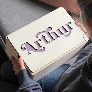 Wooden Name Fabric Keepsake Box | Laser Cut Peekaboo Wooden Box | New Baby Gift Or Christening Gift Or Christmas Eve Box | Int Shipping plain dark heather