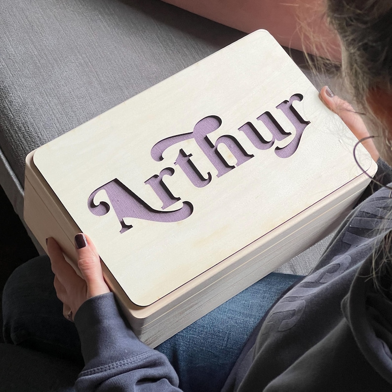 Wooden Name Fabric Keepsake Box | Laser Cut Peekaboo Wooden Box | New Baby Gift Or Christening Gift Or Christmas Eve Box | Int Shipping plain dark heather