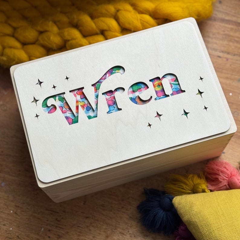 Wooden Name Fabric Keepsake Box | Laser Cut Peekaboo Wooden Box | New Baby Gift Or Christening Gift Or Christmas Eve Box | Int Shipping star gingam floral