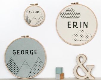 Personalised Geometric Name Hoop | Fabric Print | New Baby Gift | Christening Gift | Heat Pressed | Cotton | Nursery Art | Gifts under 20 |