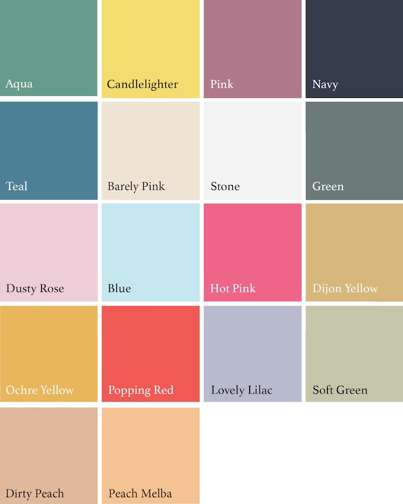 May include: A color palette featuring 18 different solid color swatches. Colors include Aqua, Teal, Dusty Rose, Ochre Yellow, Dirty Peach, Candlelighter, Barely Pink, Blue, Popping Red, Peach Melba, Pink, Stone, Hot Pink, Lovely Lilac, Navy, Green, Dijon Yellow, and Soft Green.