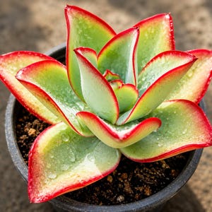 May include: A succulent plant with thick, fleshy, light green leaves arranged in a rosette pattern. Each leaf features a distinct, vibrant red margin along the edges. Small, clear water droplets are visible on the surface of the leaves.