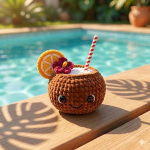 Peut inclure: Une tasse en crochet marron en forme de noix de coco avec un visage souriant, des yeux en plastique noir et une bouche brodée. Elle est surmontée d'une tranche d'orange en crochet jaune et orange, d'une fleur rouge foncé et d'une paille rayée.