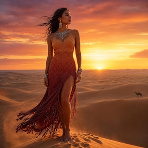 Peut inclure: Une robe longue en crochet présentant un dégradé de couleurs allant de l'orange en haut au rouge profond en bas. Le vêtement comprend de fines bretelles, une fente latérale haute et de longs détails à franges le long de l'ourlet.