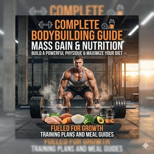 Puede incluir: Portada de una guía de fitness con el título "COMPLETE BODYBUILDING GUIDE" y el subtítulo "MASS GAIN & NUTRITION". La imagen presenta a un hombre musculoso levantando pesas, rodeado de alimentos y suplementos proteicos. El texto "FUELED FOR GROWTH" también es visible.