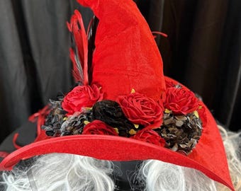 Rose Witch Enchanted Witch Hat – Red Velvet Witch Hat, Gothic Rose Headpiece, Dark Romantic Hat, Halloween Costume, Ren Faire, Cosplay