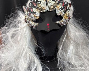 Fantasy Butterfly Mask Black Yellow – Feather Butterfly Wing Mask – Fairy Masquerade Fae Costume – Renaissance Faire Festival Mask