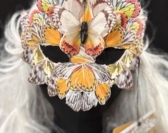 Fantasy Butterfly Mask Yellow – Feather Butterfly Wing Mask – Fairy Masquerade Fae Costume – Renaissance Faire Festival Mask