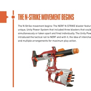May include: A red, white, and black Nerf N-Strike blaster, shown on a timeline graphic. The graphic highlights the year 2004 and the start of the N-Strike movement, with text detailing the blaster's features and Unity Power System.