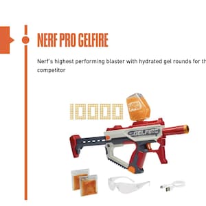 May include: A red, white, and black Nerf Pro Gelfire blaster with accessories, including goggles and gel rounds. The image includes the text "NERF PRO GELFIRE" and "2022".