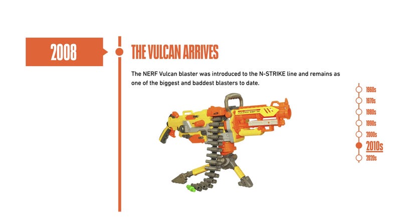 May include: An illustration of the NERF Vulcan blaster, introduced in 2008. The toy gun is yellow and orange, with a gray ammunition belt, mounted on a tripod. Text reads "THE VULCAN ARRIVES".
