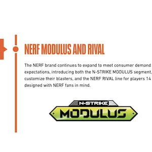 May include: A timeline graphic shows the 2015 launch of NERF Modulus and Rival. The image features the N-STRIKE Modulus logo and text explaining the brand's expansion with the Modulus and Rival lines for players.