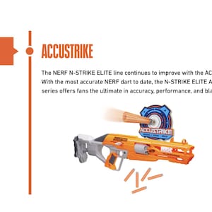 May include: An orange and white Nerf Accustrike blaster with a blue and white target graphic. The image includes the text "ACCUSTRIKE" and "2017". The image also includes a timeline with the text "2010s".