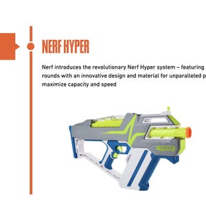 May include: A Nerf Hyper blaster, a toy gun, is shown against a white backdrop. The blaster is mainly grey, with neon green and blue details. The text "NERF HYPER" and "2021" are also visible.