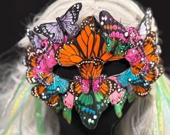 Fantasy Butterfly Mask Rainbow – Feather Butterfly Wing Mask – Fairy Masquerade Fae Costume – Renaissance Faire Festival Mask