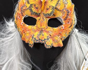 Fantasy Butterfly Mask Floral Yellow – Feather Butterfly Wing Mask – Fairy Masquerade Fae Costume – Renaissance Faire Festival Mask