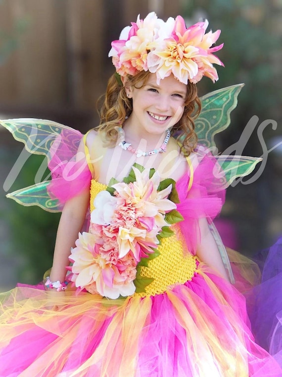 Child Flower Fairy Costume - Pink Wings & Floral Crown - Golden Petal Pixie of The Blossom Grove - Fairy Party / Ren Faire Outfit - Size 6-8