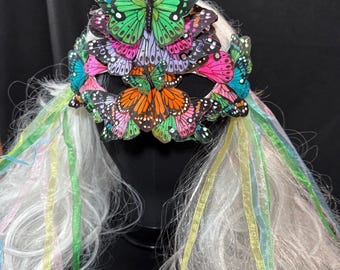 Fantasy Butterfly Mask Rainbow – Feather Butterfly Wing Mask – Fairy Masquerade Fae Costume – Renaissance Faire Festival Mask