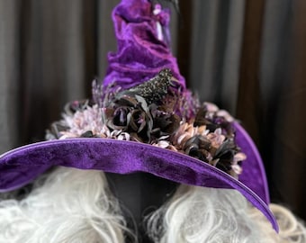Raven Whisper Witch Hat – Velvet Gothic Witch Hat, Black Raven Headpiece, Dark Fantasy Hat, Halloween Costume, Ren Faire, Cosplay