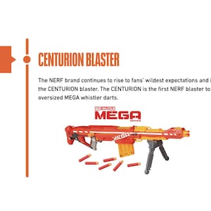 May include: An orange and yellow NERF Centurion Blaster with the text "MEGA" on the side. The image includes the year 2013 and the text "CENTURION BLASTER". The blaster is shown with several red darts.