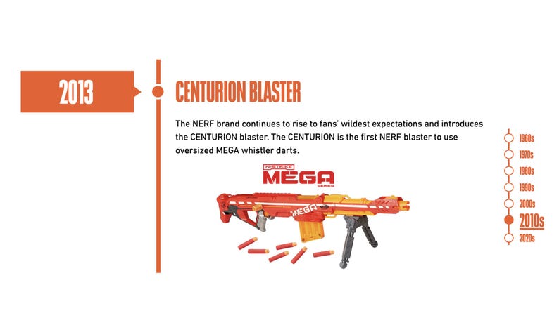 May include: An orange and yellow NERF Centurion Blaster with the text "MEGA" on the side. The image includes the year 2013 and the text "CENTURION BLASTER". The blaster is shown with several red darts.