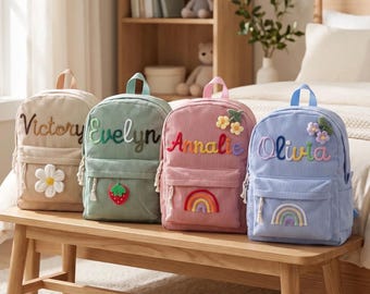 Personalized Corduroy Backpack for Kids, Custom Name School Bag, 3D Yarn Letter Backpack, Elementary School Gift, Back to School Backpack