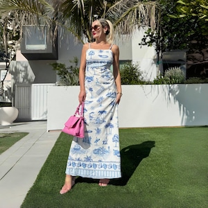 Blue Toile Print Resort Maxi Dress – Classic Elegant Seaside Toile Dress