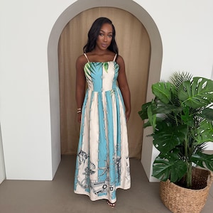 tropical toile maxi dress Toile Scenic Print Resortwear Maxi Dress Blue and White Vacation Long Dress with Spaghetti Straps and Tropical Landscape Design