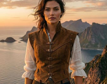 Women's Suede Leather Vest | Brown Steampunk Cosplay Waistcoat | Renaissance Fair Costume Vest | LARP Pirate Armor Outfit