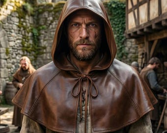 Viking Ranger Cloak Shawl | Men's Medieval Leather Hooded Cape | Genuine Leather LARP Hooded Mantle