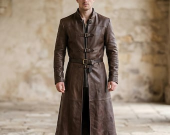 Mens Genuine Leather Trench Coat | Medieval Leather Long Coat | Vintage Premium Leather Outfit