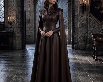 Brown Leather Medieval Dress | Luxury Women's Caped Gown | Renaissance Fair Cosplay Costume