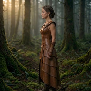 May include: A brown leather dress with a layered skirt and sleeveless bodice. The dress has a corset-style top and is worn with matching gloves. The image is set in a forest with tall trees and mossy ground.